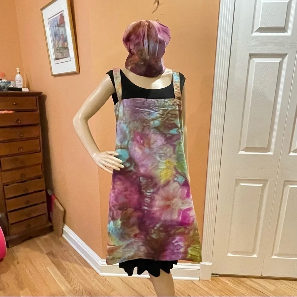 Tie Dye large Japanese wrap around apron matching toque chef's hat rainbow